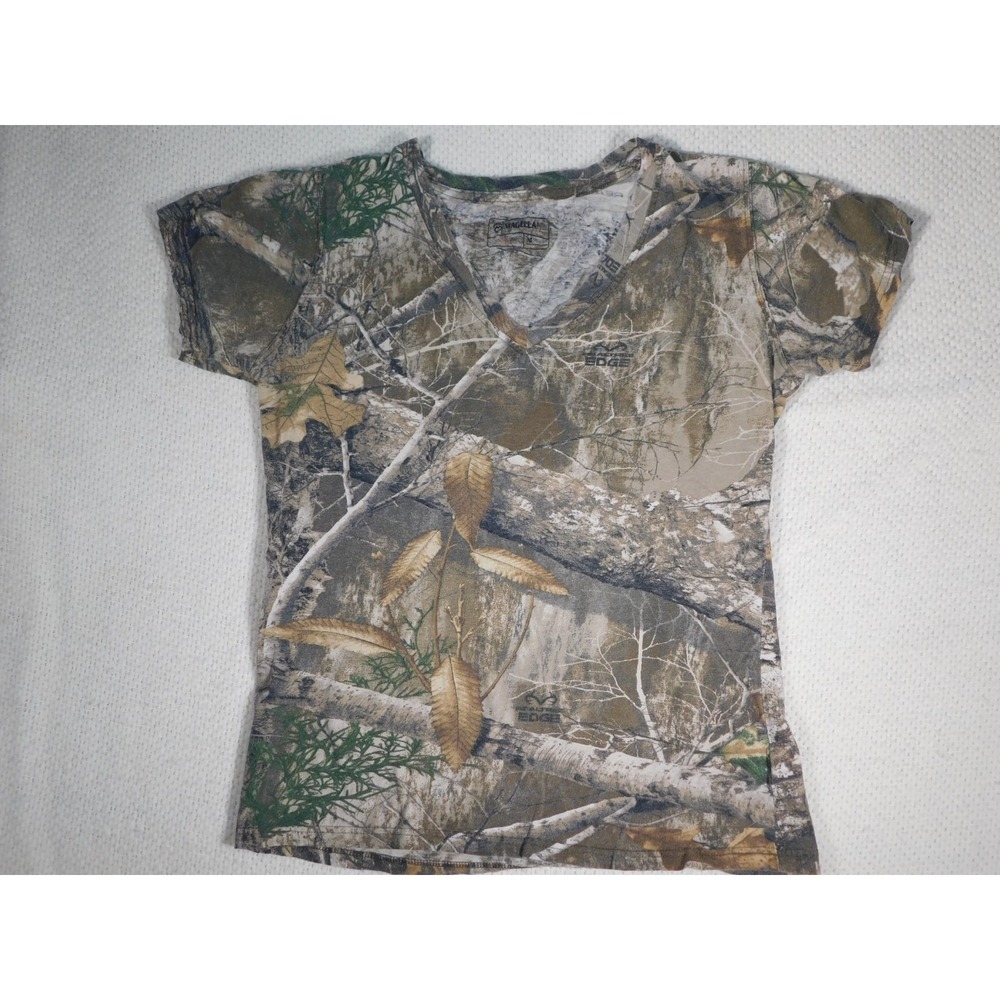 Womens Junior T-Shirt Size Medium MOSSY OAK Real Tree‎ V Neck Camouflage